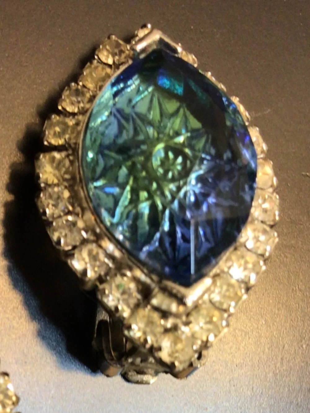 Vintage Mid-century Clip-on Earrings Blue Navette Stones Clear Rhinestones